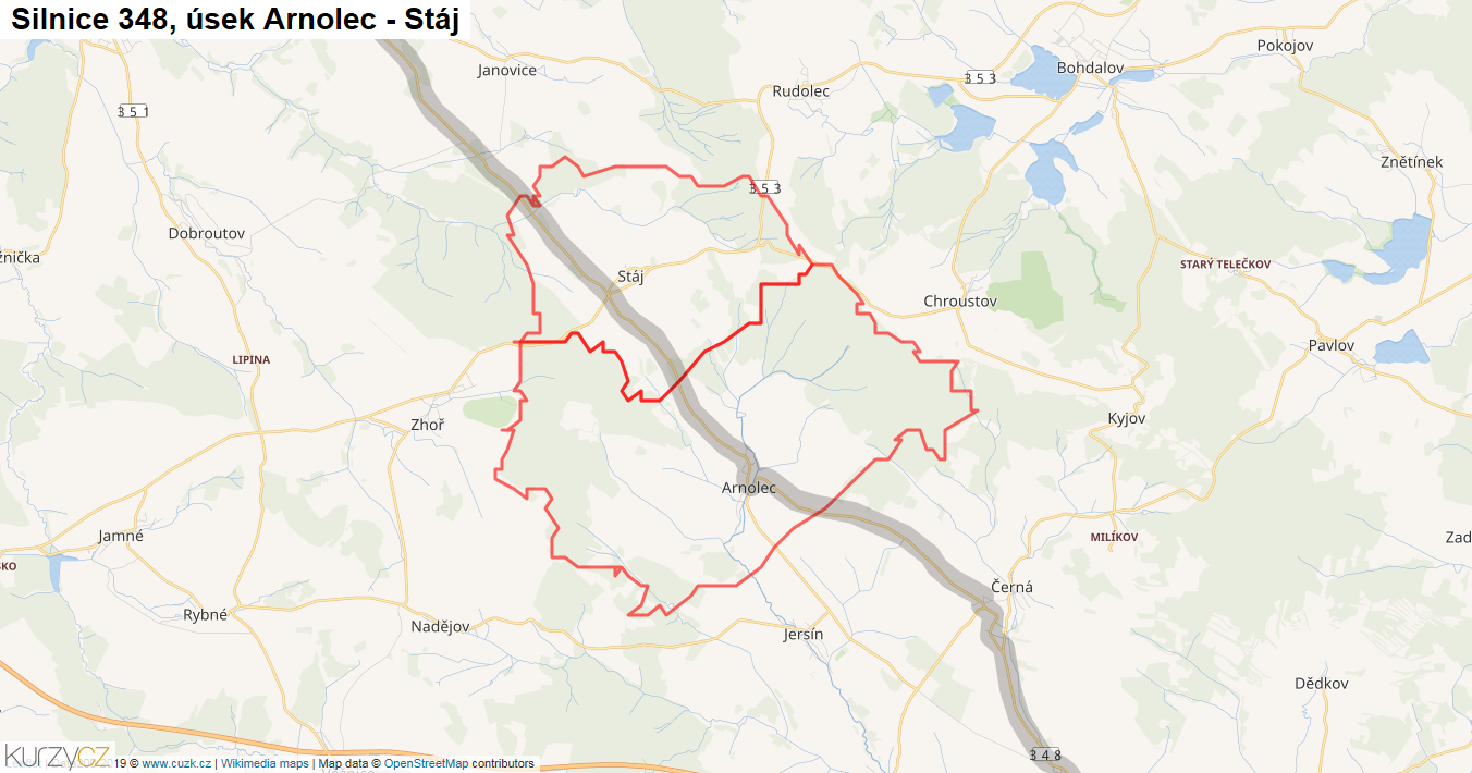 Úsek Arnolec - Stáj, Silnice 348 - Mapa