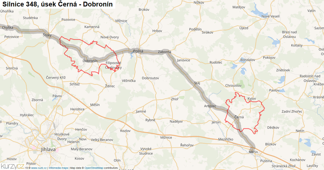 Úsek Černá - Dobronín, Silnice 348 - Mapa