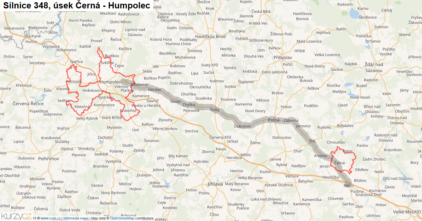 Úsek Černá - Humpolec, Silnice 348 - Mapa