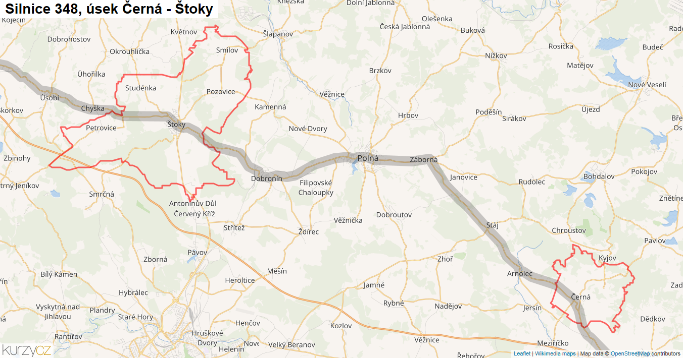 Úsek Černá - Štoky, Silnice 348 - Mapa