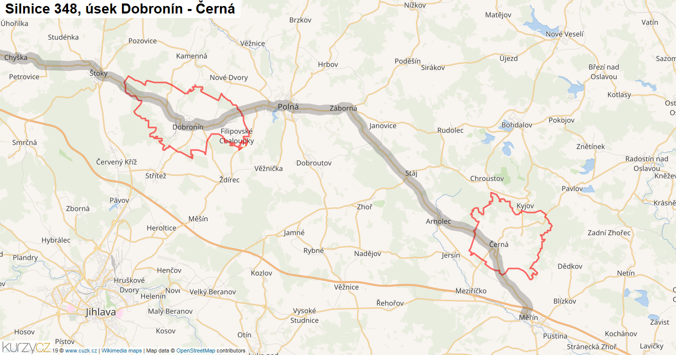 Úsek Dobronín - Černá, Silnice 348 - Mapa