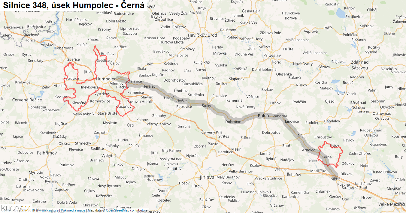 Úsek Humpolec - Černá, Silnice 348 - Mapa