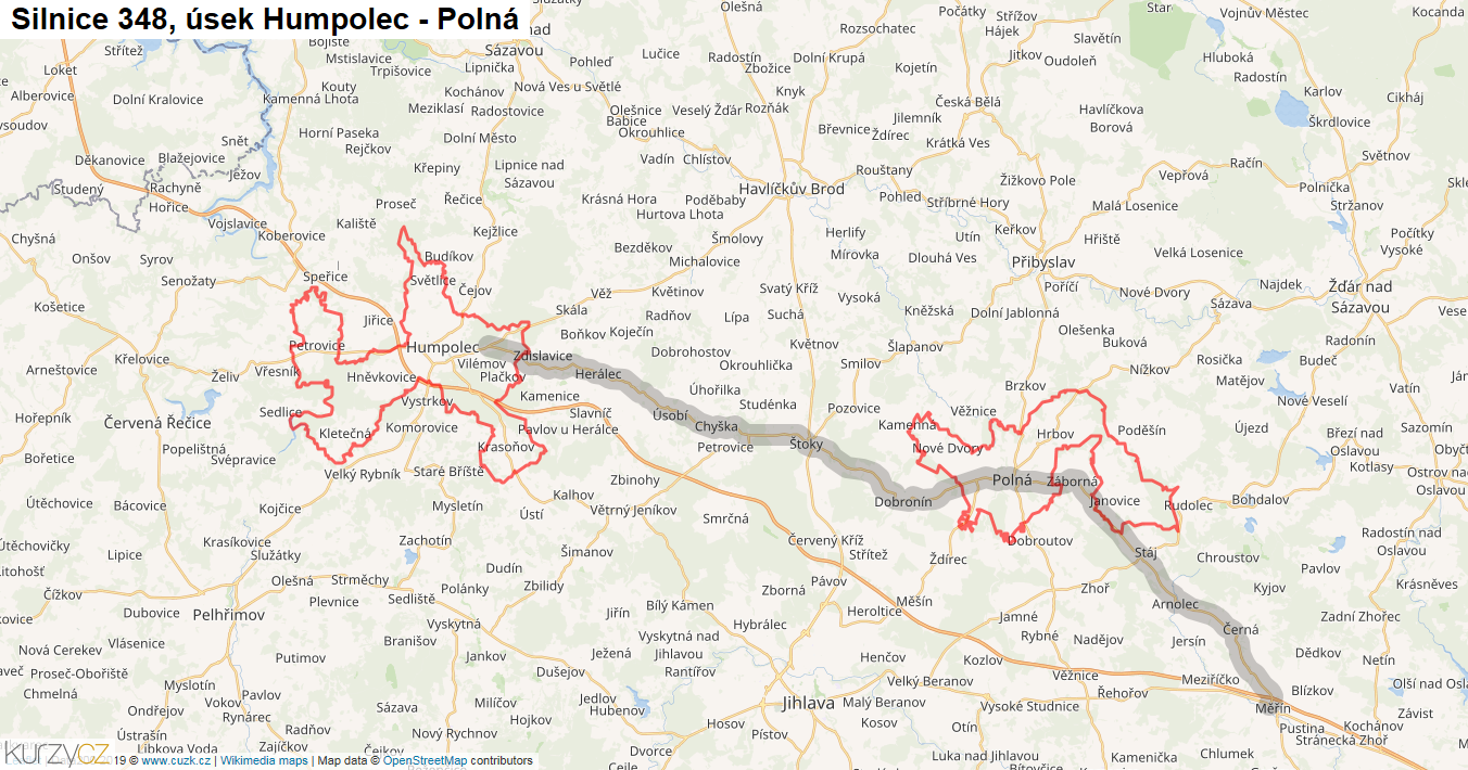 Úsek Humpolec - Polná, Silnice 348 - Mapa