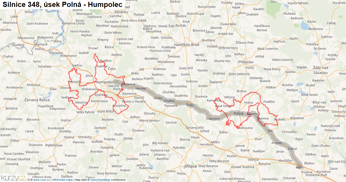 Úsek Polná - Humpolec, Silnice 348 - Mapa