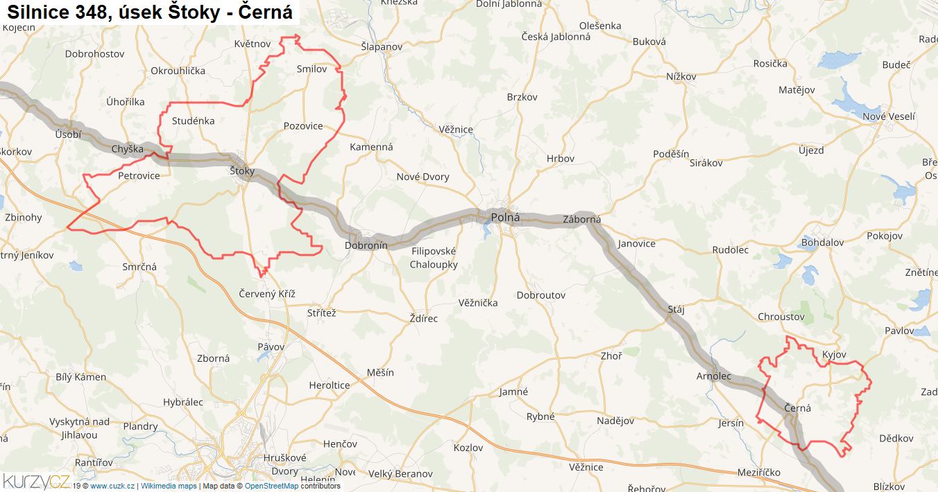 Úsek Štoky - Černá, Silnice 348 - Mapa