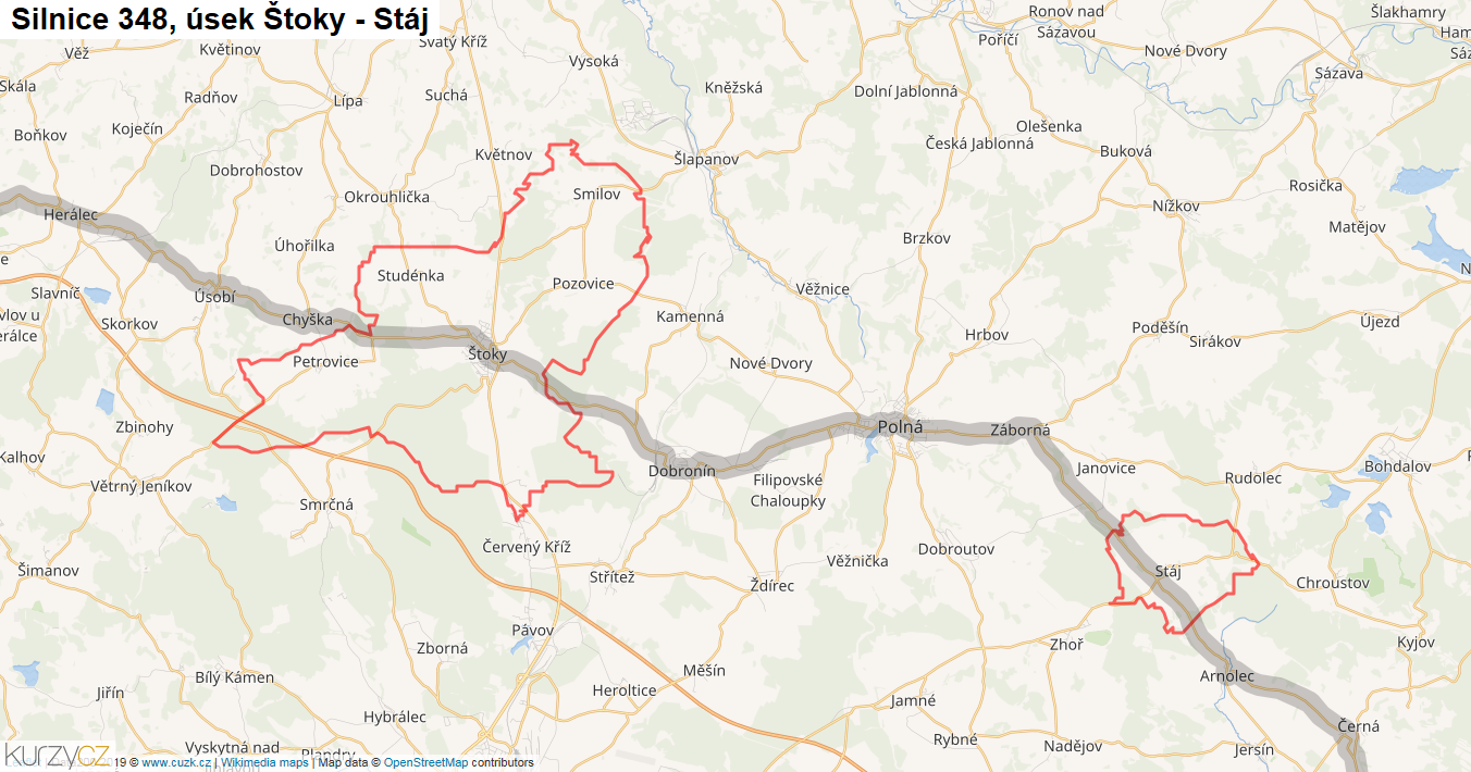 Úsek Štoky - Stáj, Silnice 348 - Mapa