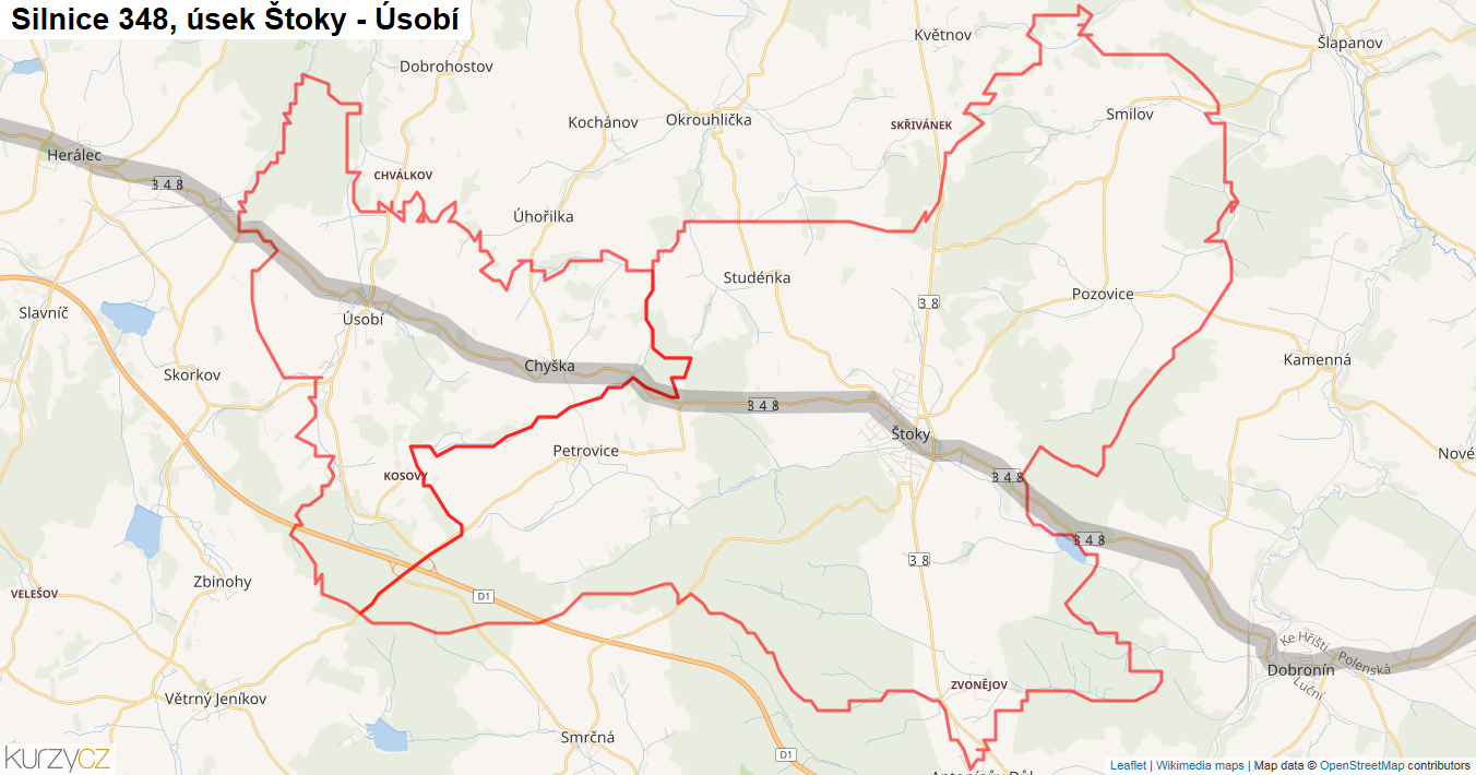 Úsek Štoky - Úsobí, Silnice 348 - Mapa