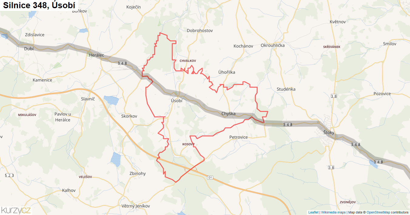 Úsobí, Silnice 348 - Mapa