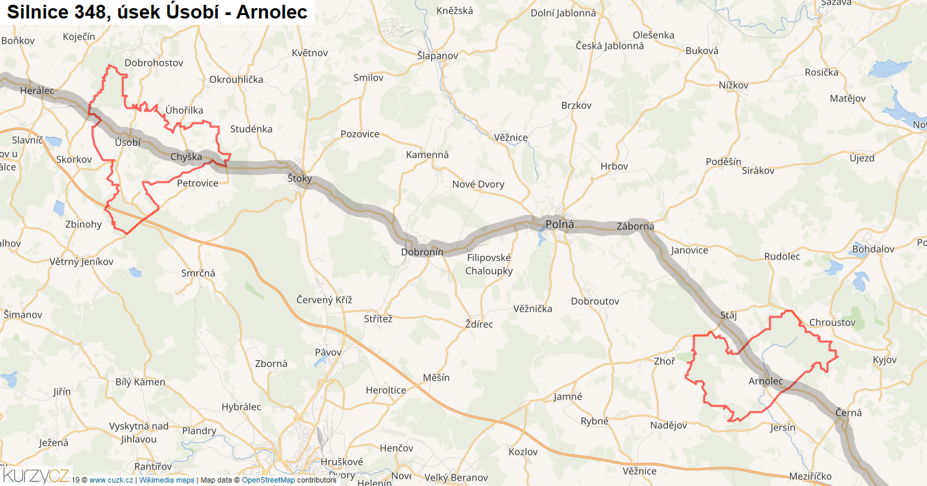 Úsek Úsobí - Arnolec, Silnice 348 - Mapa