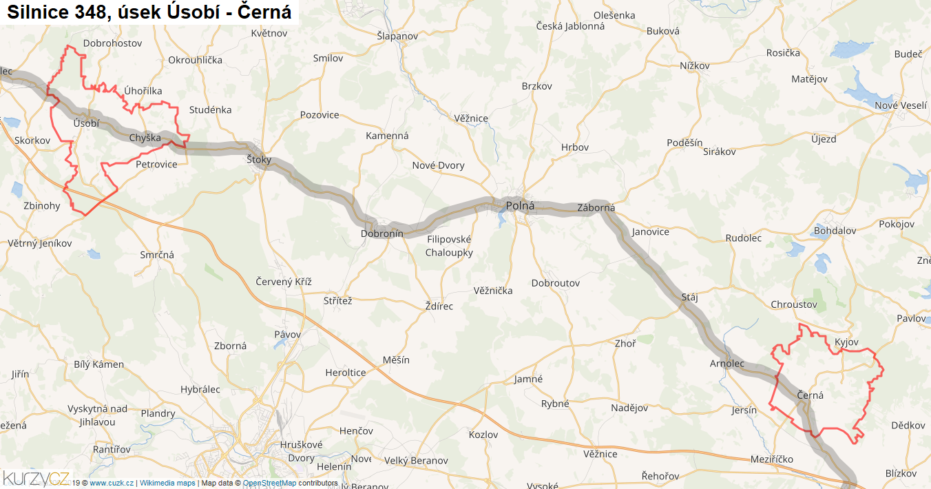 Úsek Úsobí - Černá, Silnice 348 - Mapa