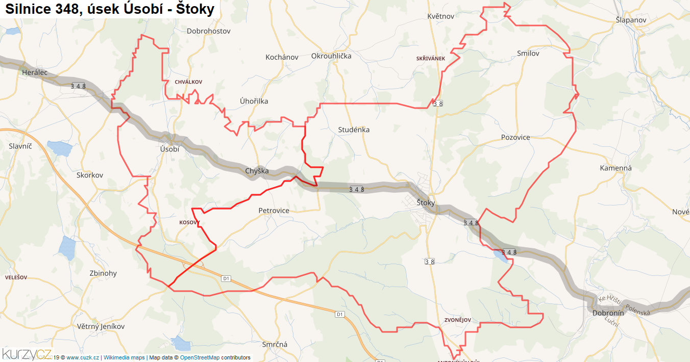 Úsek Úsobí - Štoky, Silnice 348 - Mapa