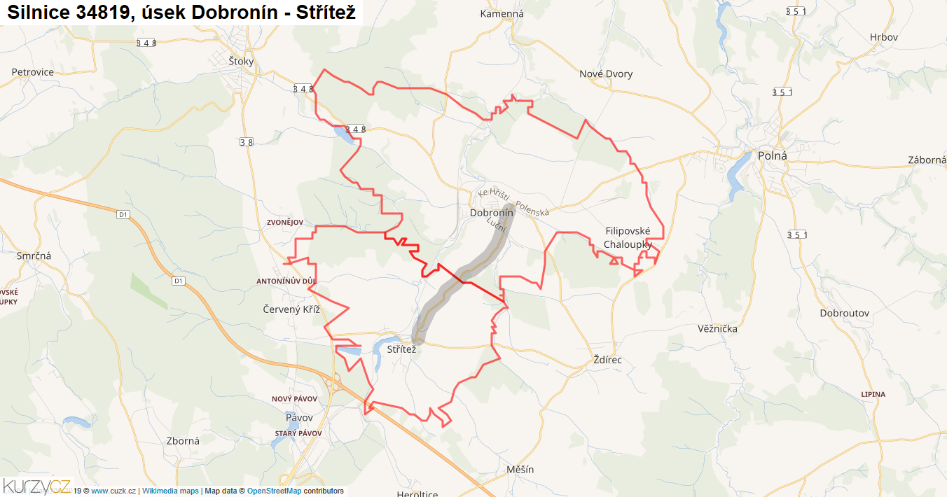 Úsek Dobronín - Střítež, Silnice 34819 - Mapa