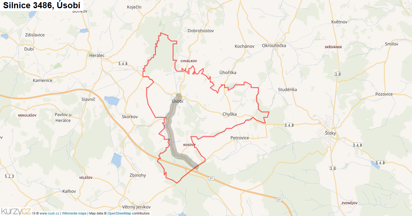 Úsobí, Silnice 3486 - Mapa