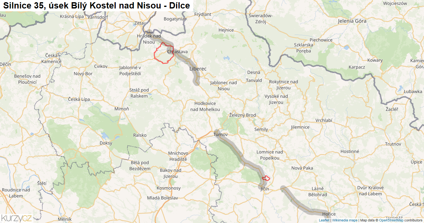 Úsek Bílý Kostel nad Nisou - Dílce, Silnice 35 - Mapa