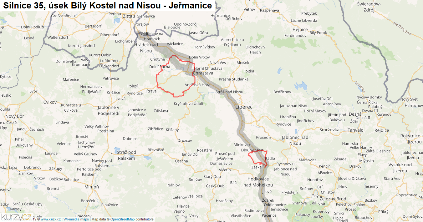 Úsek Bílý Kostel nad Nisou - Jeřmanice, Silnice 35 - Mapa