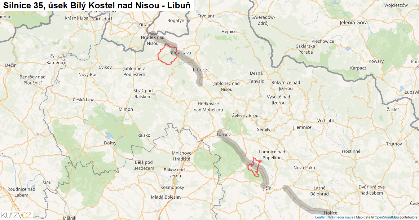 Úsek Bílý Kostel nad Nisou - Libuň, Silnice 35 - Mapa