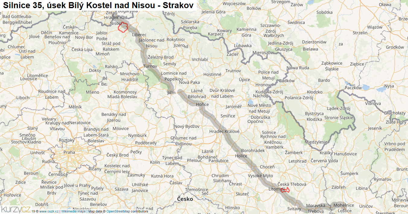 Úsek Bílý Kostel nad Nisou - Strakov, Silnice 35 - Mapa