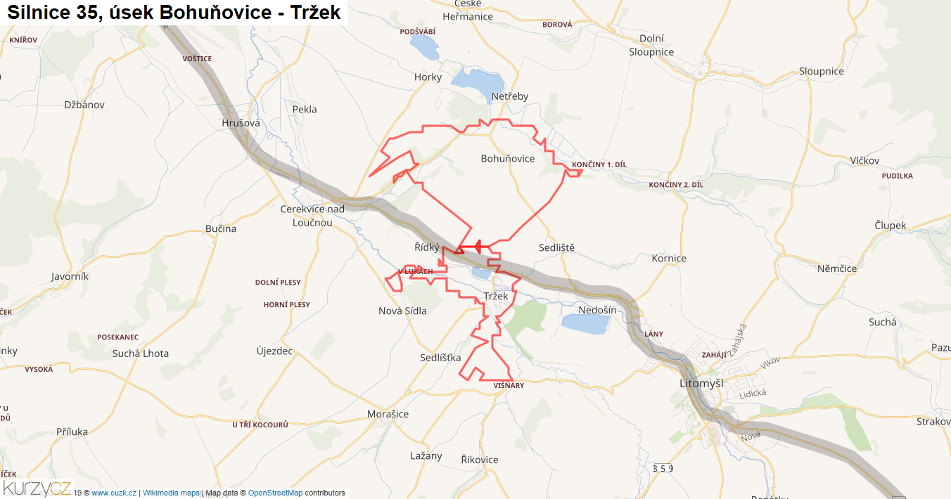 Úsek Bohuňovice - Tržek, Silnice 35 - Mapa