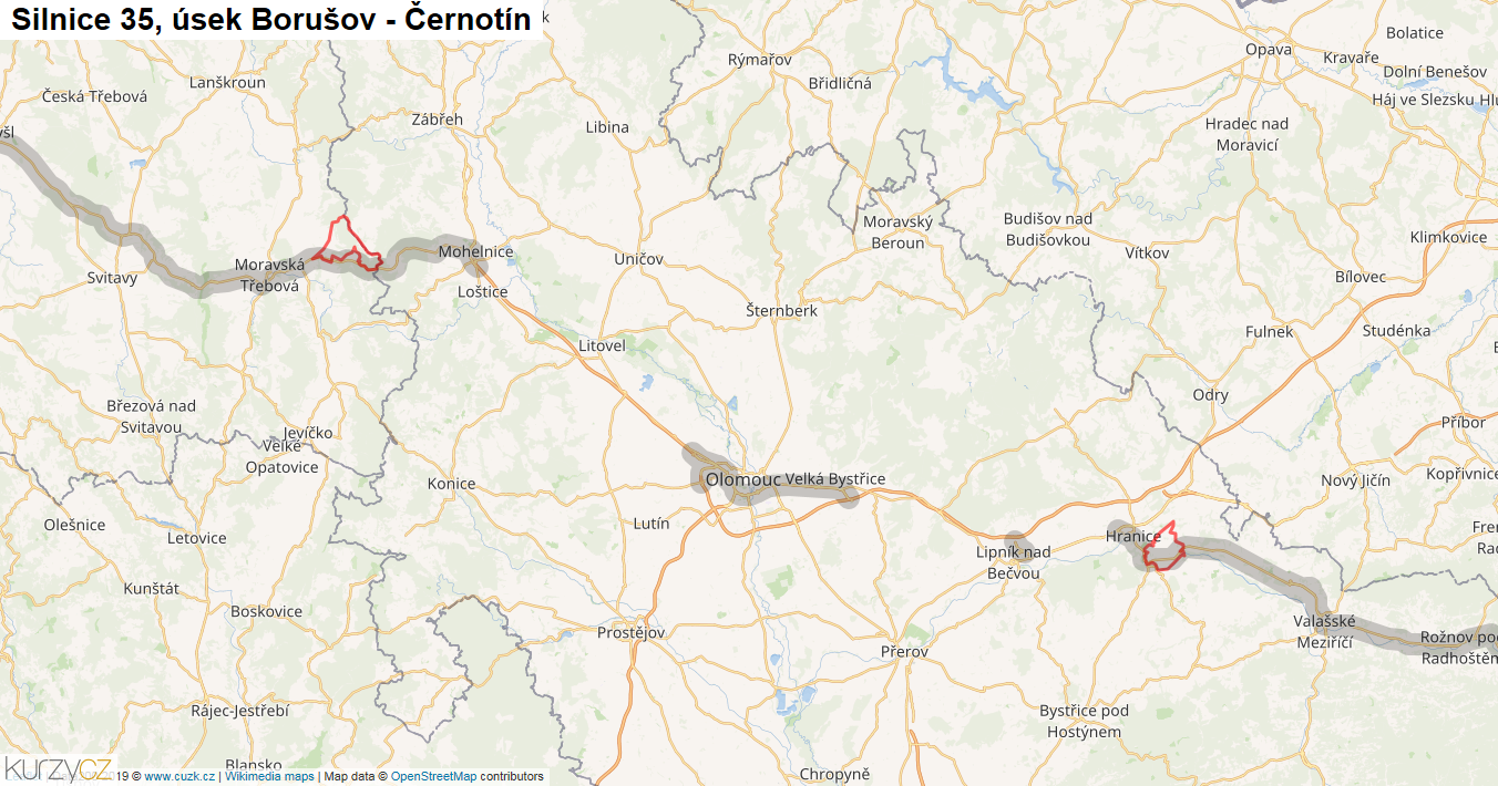 Úsek Borušov - Černotín, Silnice 35 - Mapa
