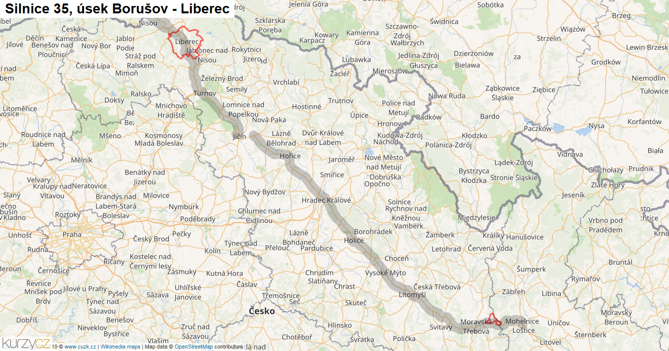 Úsek Borušov - Liberec, Silnice 35 - Mapa