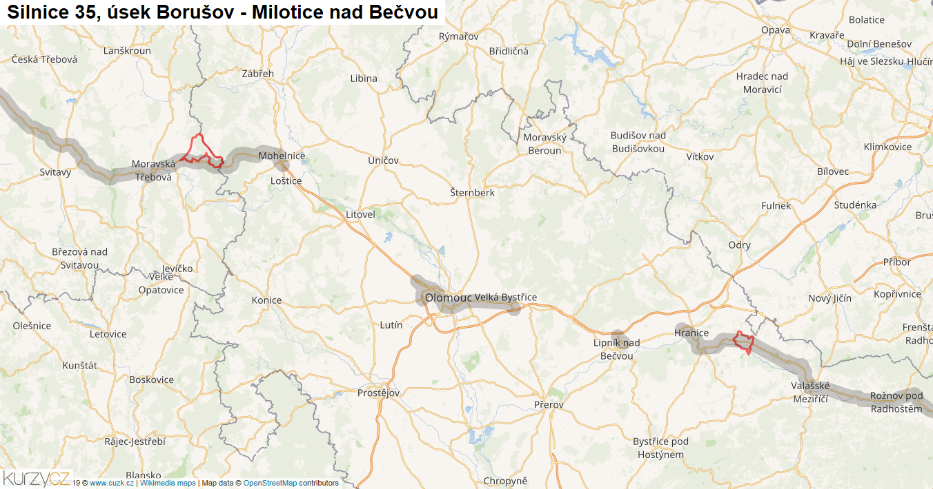 Úsek Borušov - Milotice nad Bečvou, Silnice 35 - Mapa