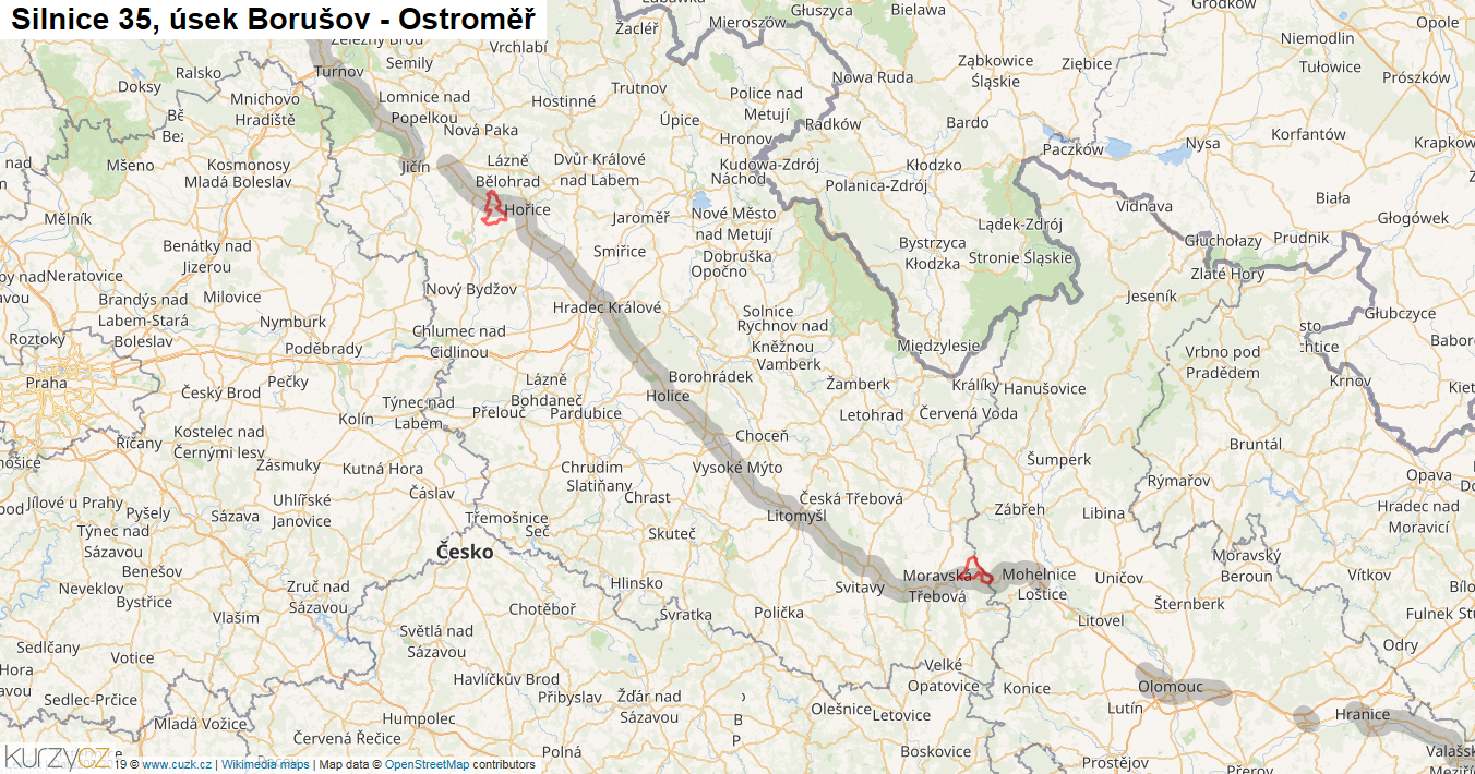 Úsek Borušov - Ostroměř, Silnice 35 - Mapa