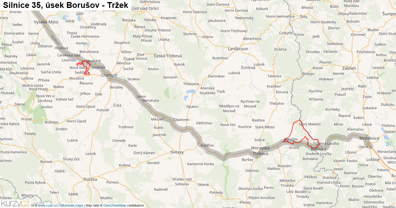 Úsek Borušov - Tržek, Silnice 35 - Mapa