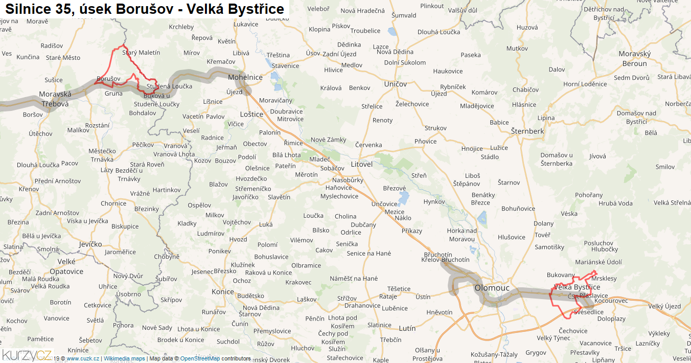 Úsek Borušov - Velká Bystřice, Silnice 35 - Mapa