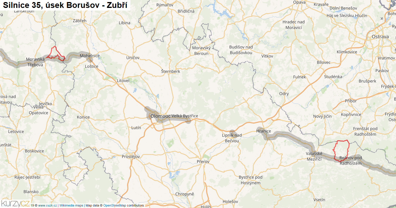 Úsek Borušov - Zubří, Silnice 35 - Mapa