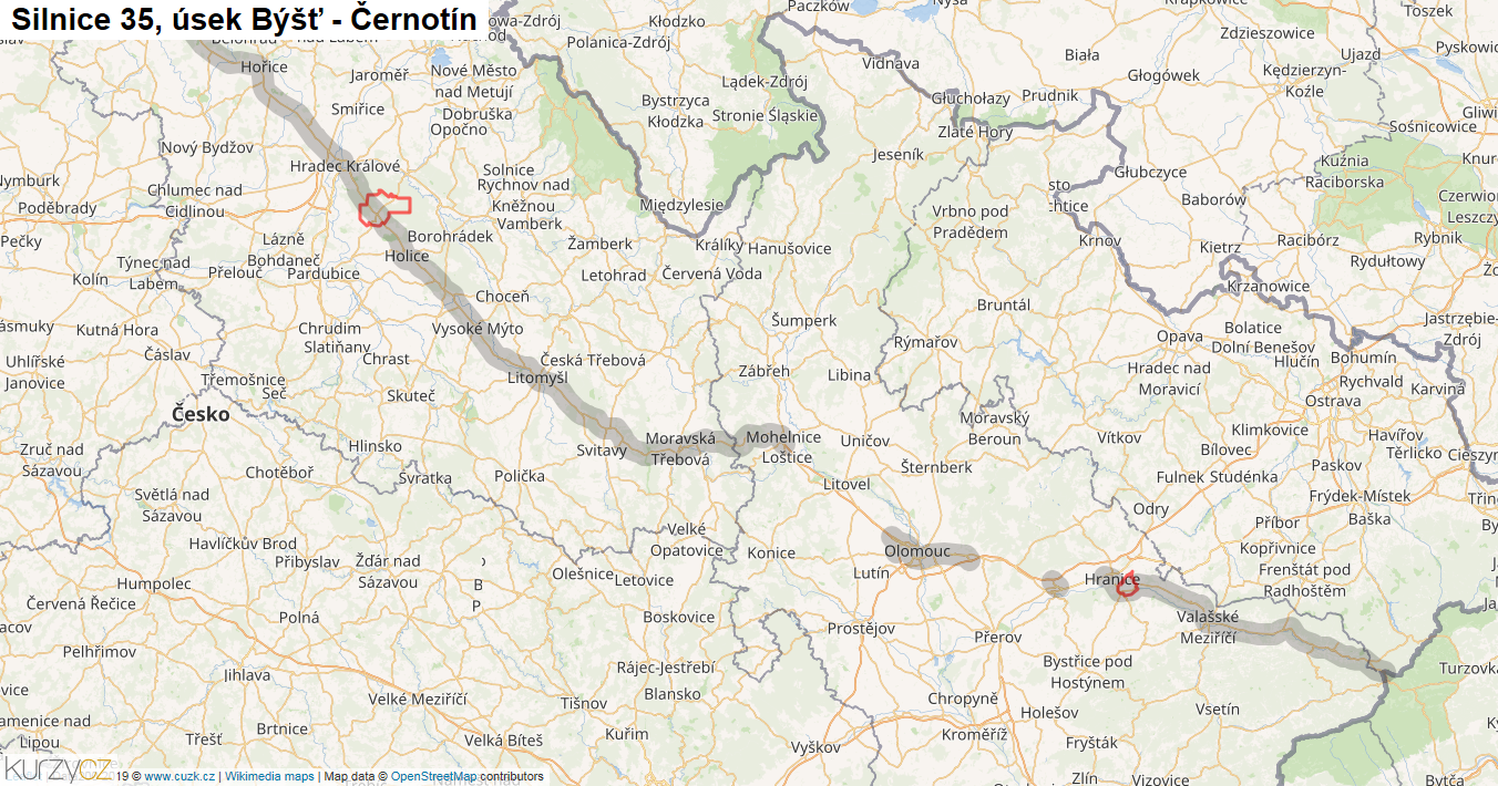Úsek Býšť - Černotín, Silnice 35 - Mapa