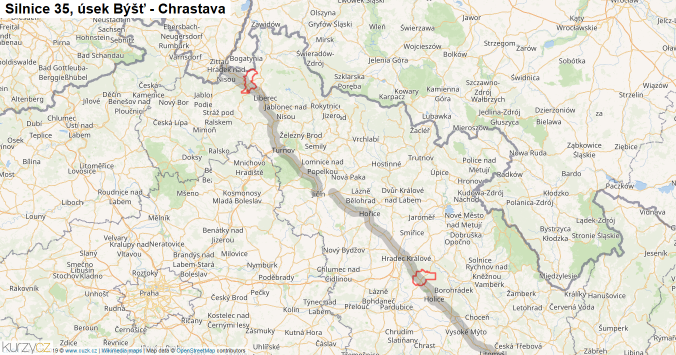 Úsek Býšť - Chrastava, Silnice 35 - Mapa