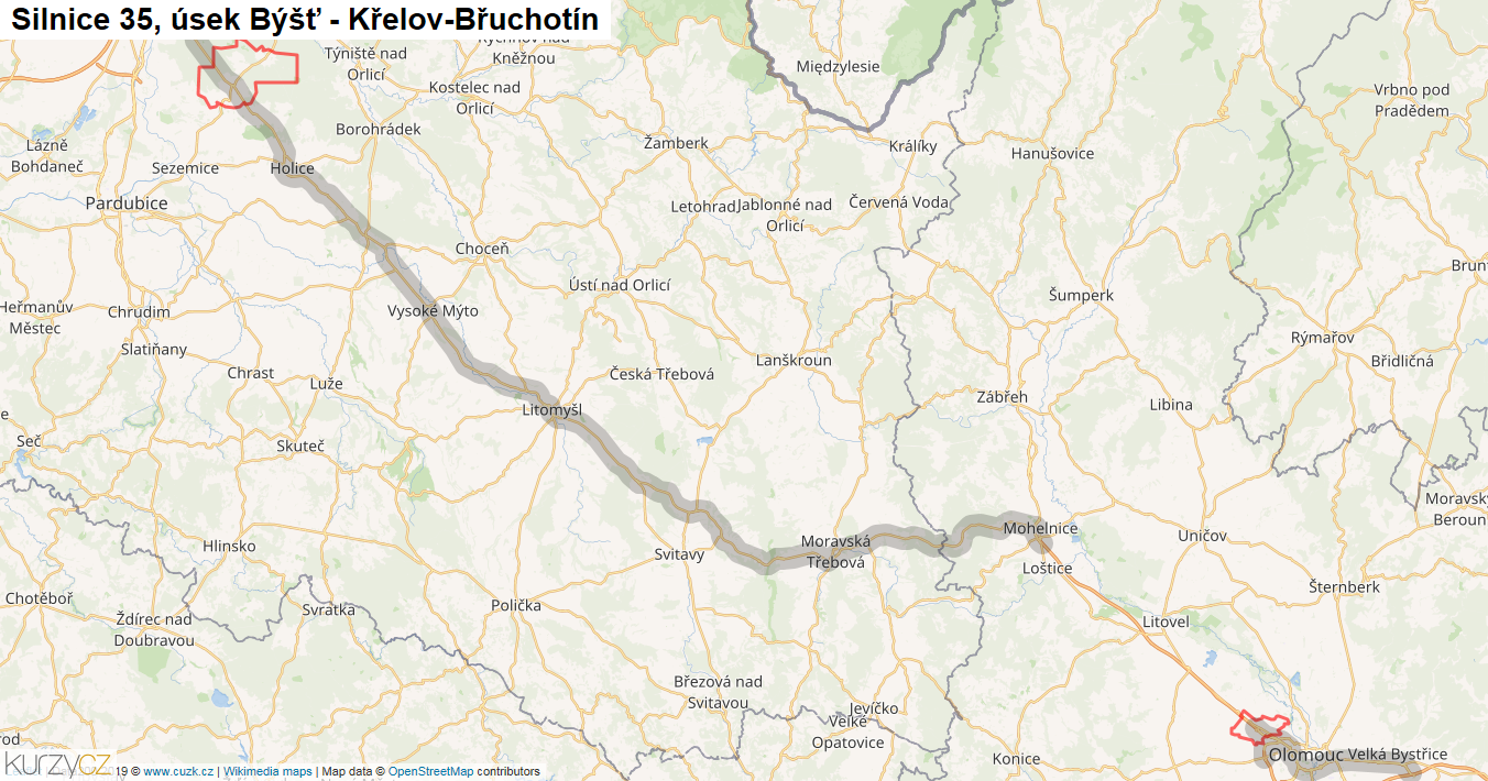 Úsek Býšť - Křelov-Břuchotín, Silnice 35 - Mapa