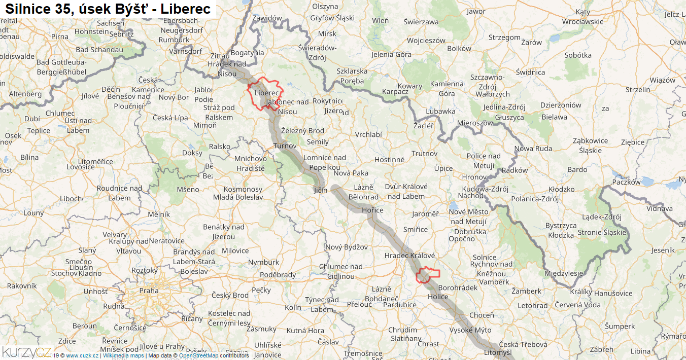 Úsek Býšť - Liberec, Silnice 35 - Mapa