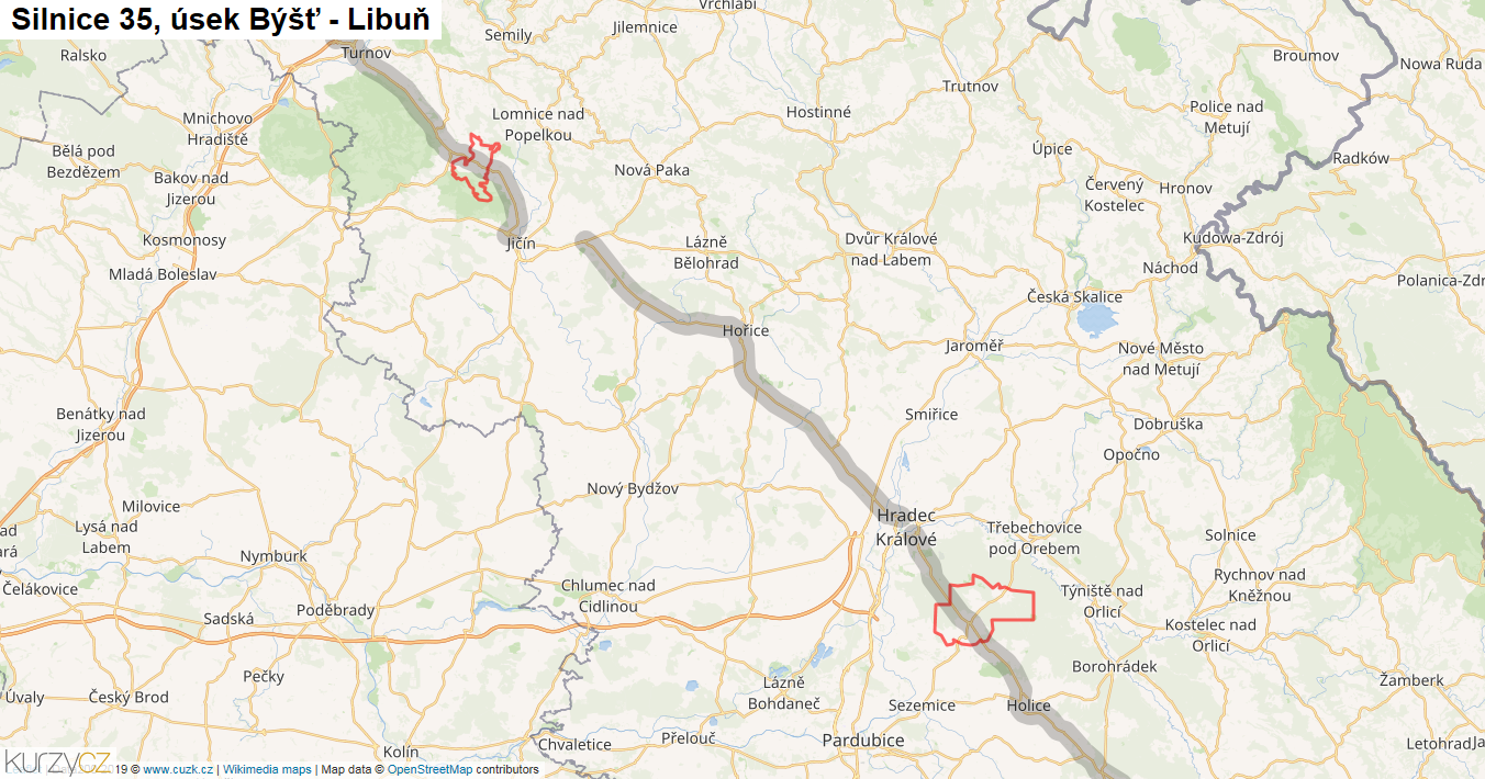 Úsek Býšť - Libuň, Silnice 35 - Mapa