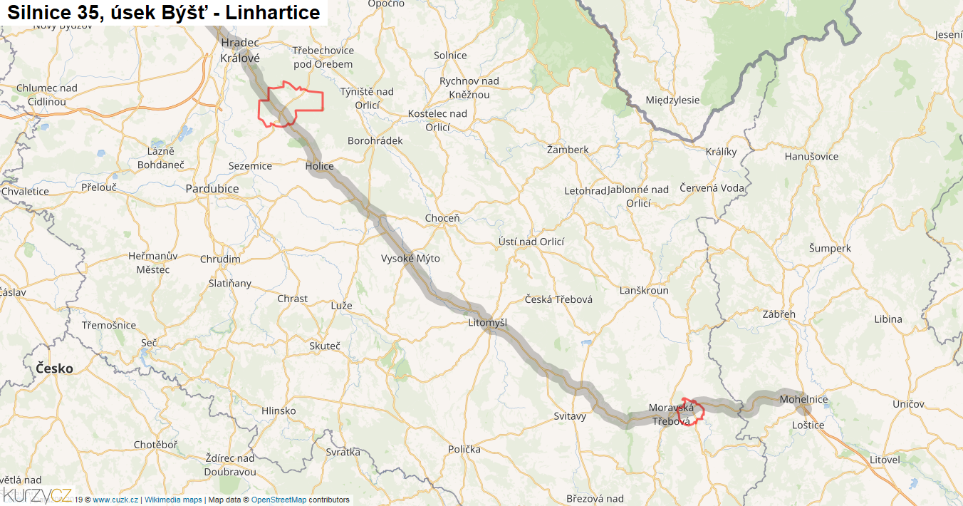 Úsek Býšť - Linhartice, Silnice 35 - Mapa