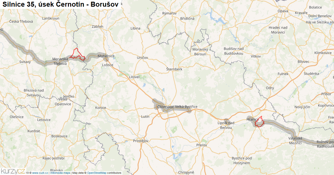 Úsek Černotín - Borušov, Silnice 35 - Mapa