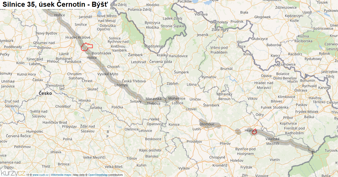 Úsek Černotín - Býšť, Silnice 35 - Mapa