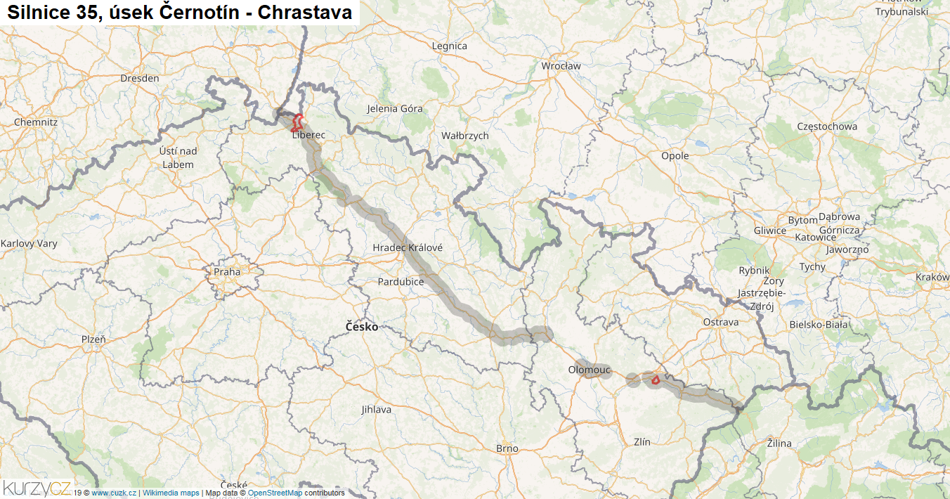 Úsek Černotín - Chrastava, Silnice 35 - Mapa