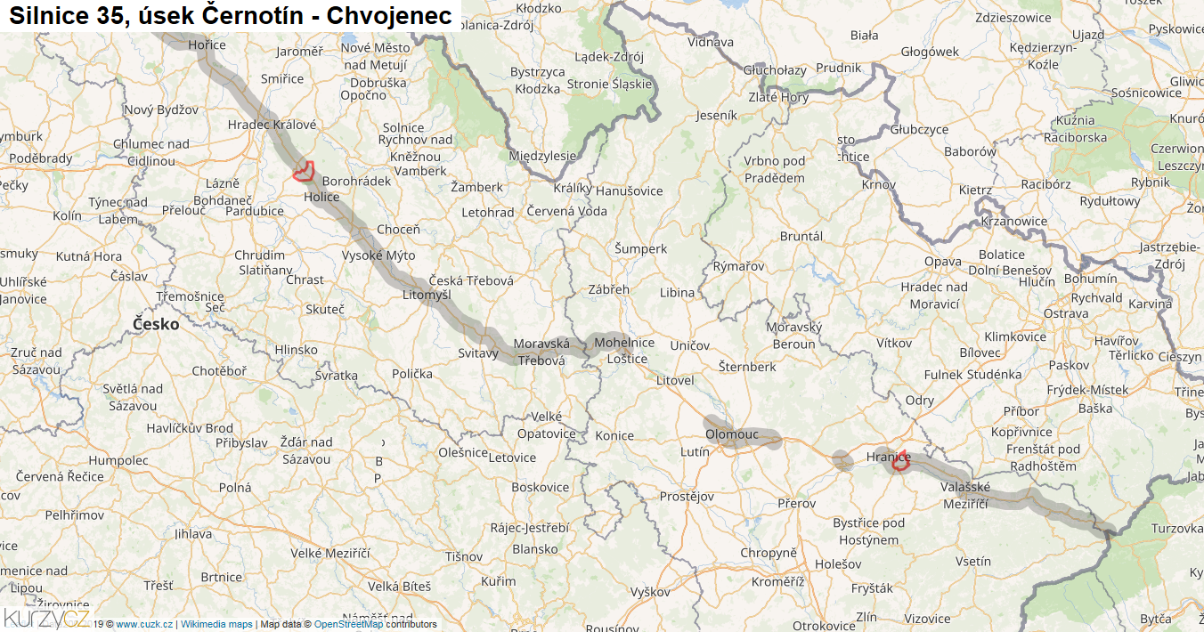 Úsek Černotín - Chvojenec, Silnice 35 - Mapa