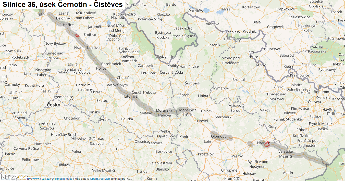 Úsek Černotín - Čistěves, Silnice 35 - Mapa