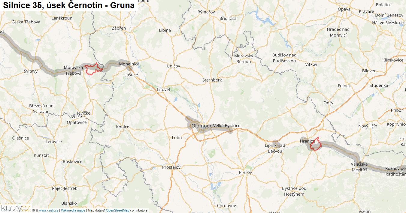 Úsek Černotín - Gruna, Silnice 35 - Mapa