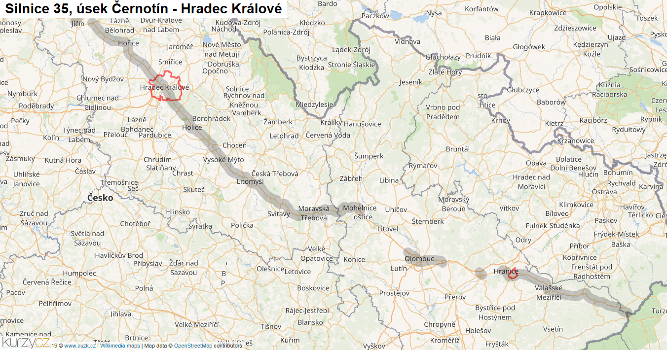 Úsek Černotín - Hradec Králové, Silnice 35 - Mapa
