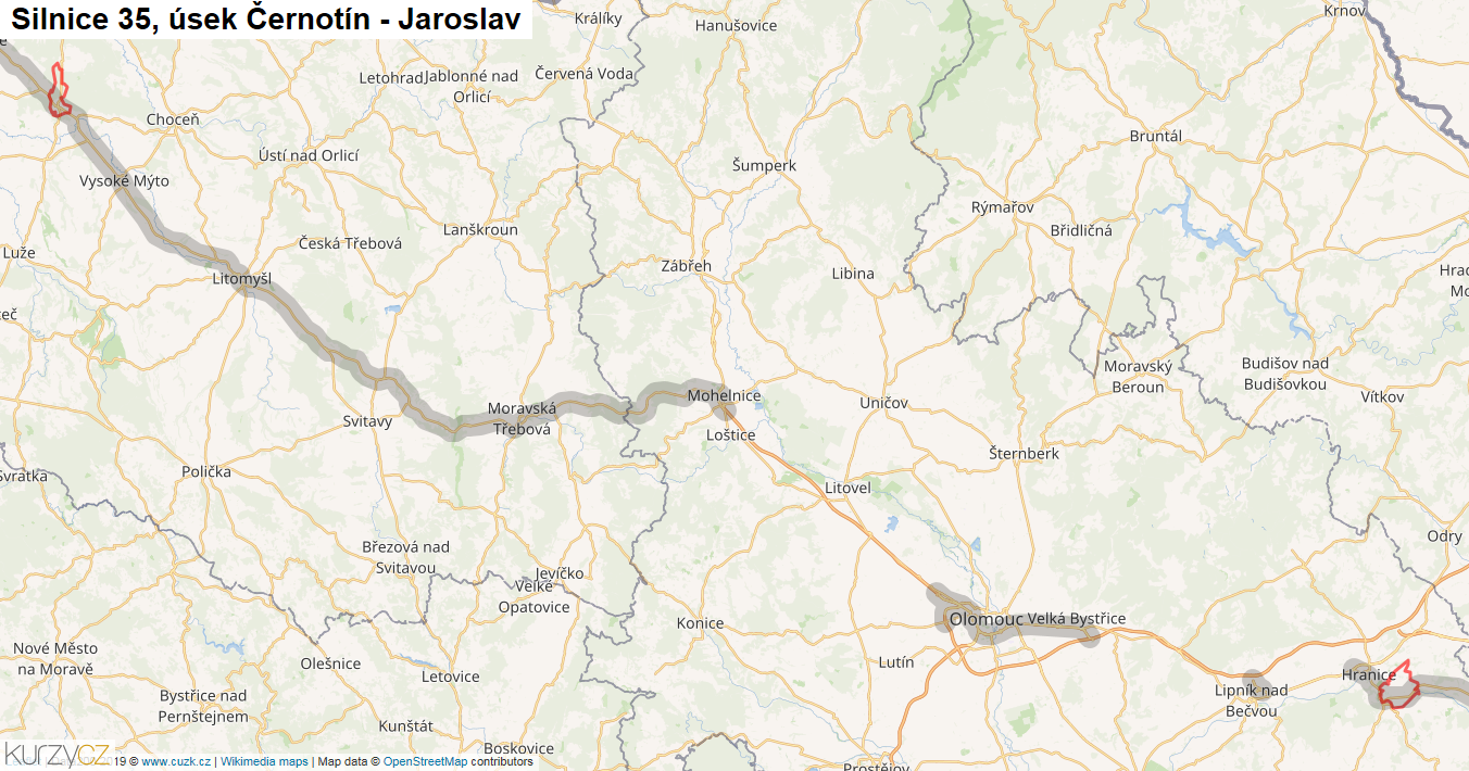 Úsek Černotín - Jaroslav, Silnice 35 - Mapa