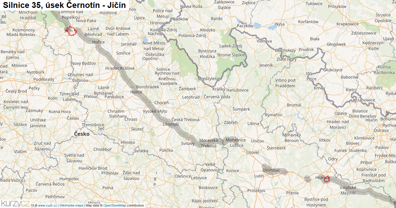 Úsek Černotín - Jičín, Silnice 35 - Mapa