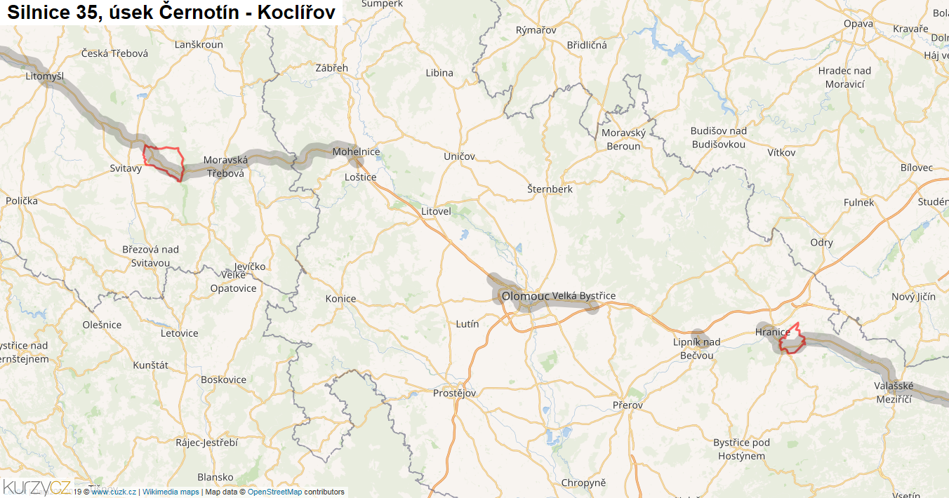 Úsek Černotín - Koclířov, Silnice 35 - Mapa