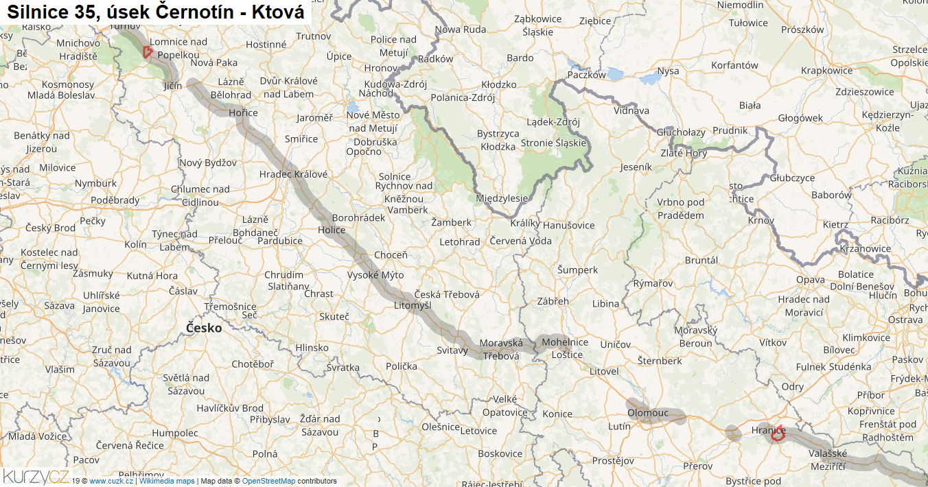 Úsek Černotín - Ktová, Silnice 35 - Mapa