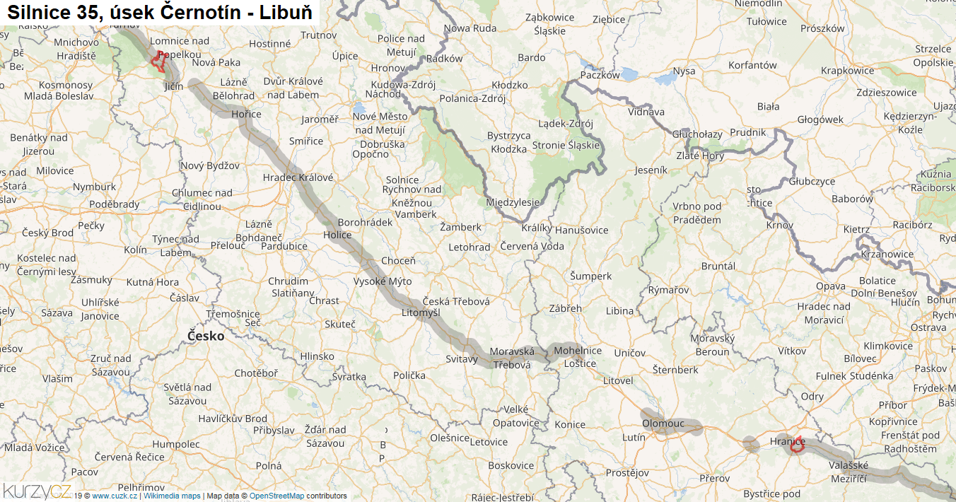Úsek Černotín - Libuň, Silnice 35 - Mapa