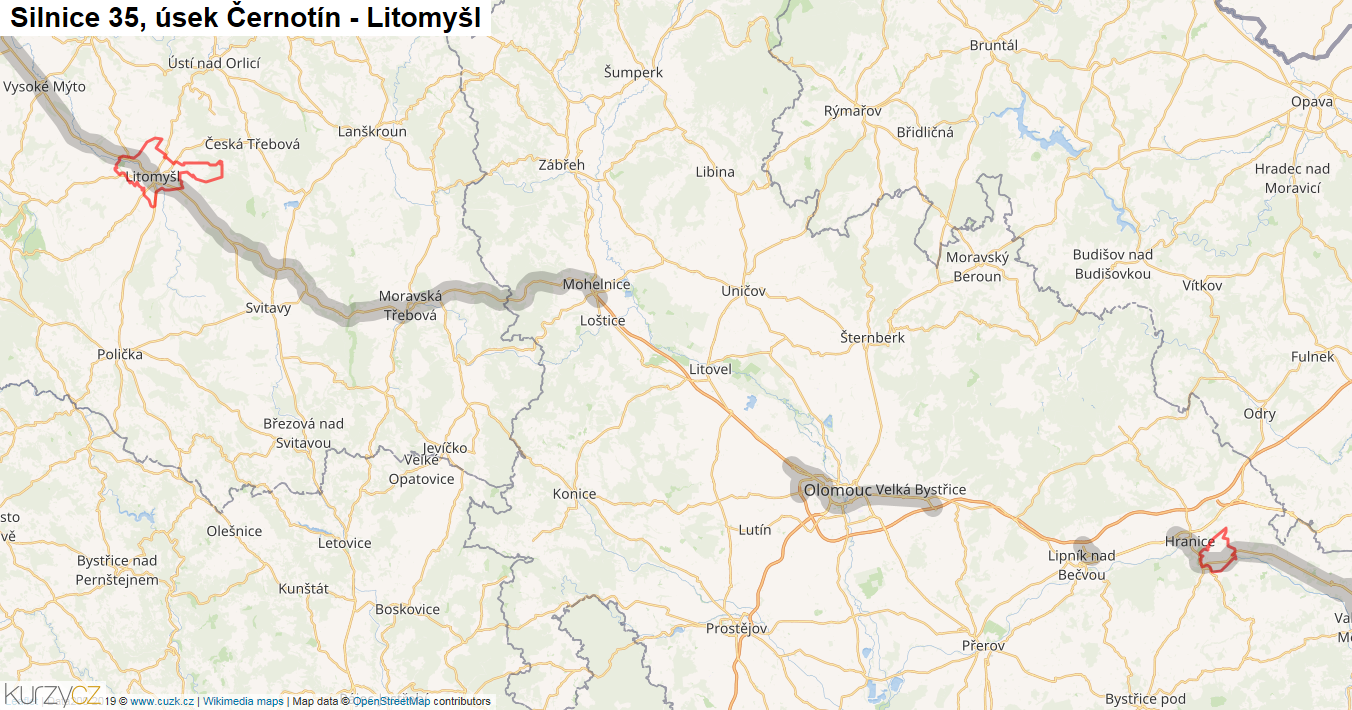 Úsek Černotín - Litomyšl, Silnice 35 - Mapa