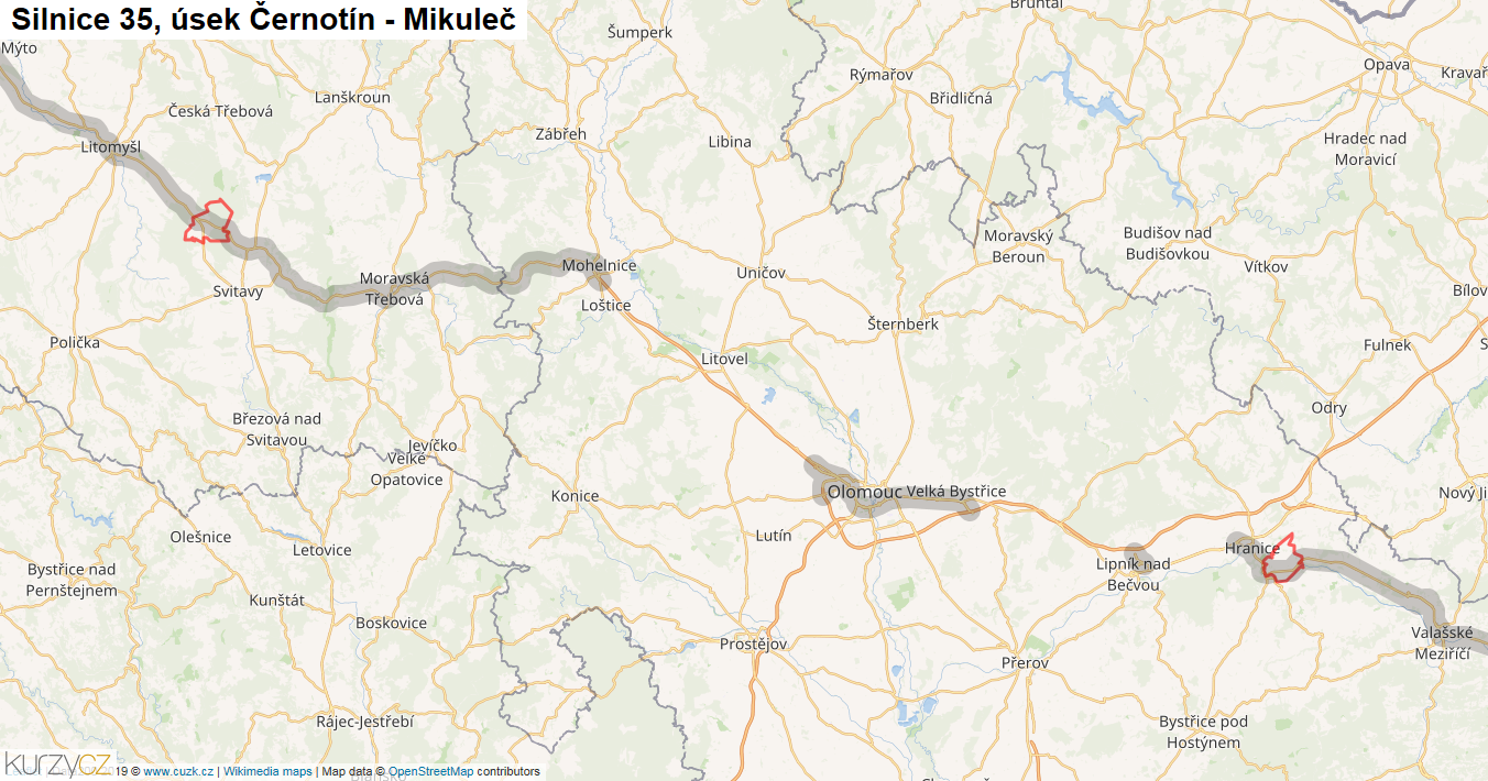 Úsek Černotín - Mikuleč, Silnice 35 - Mapa