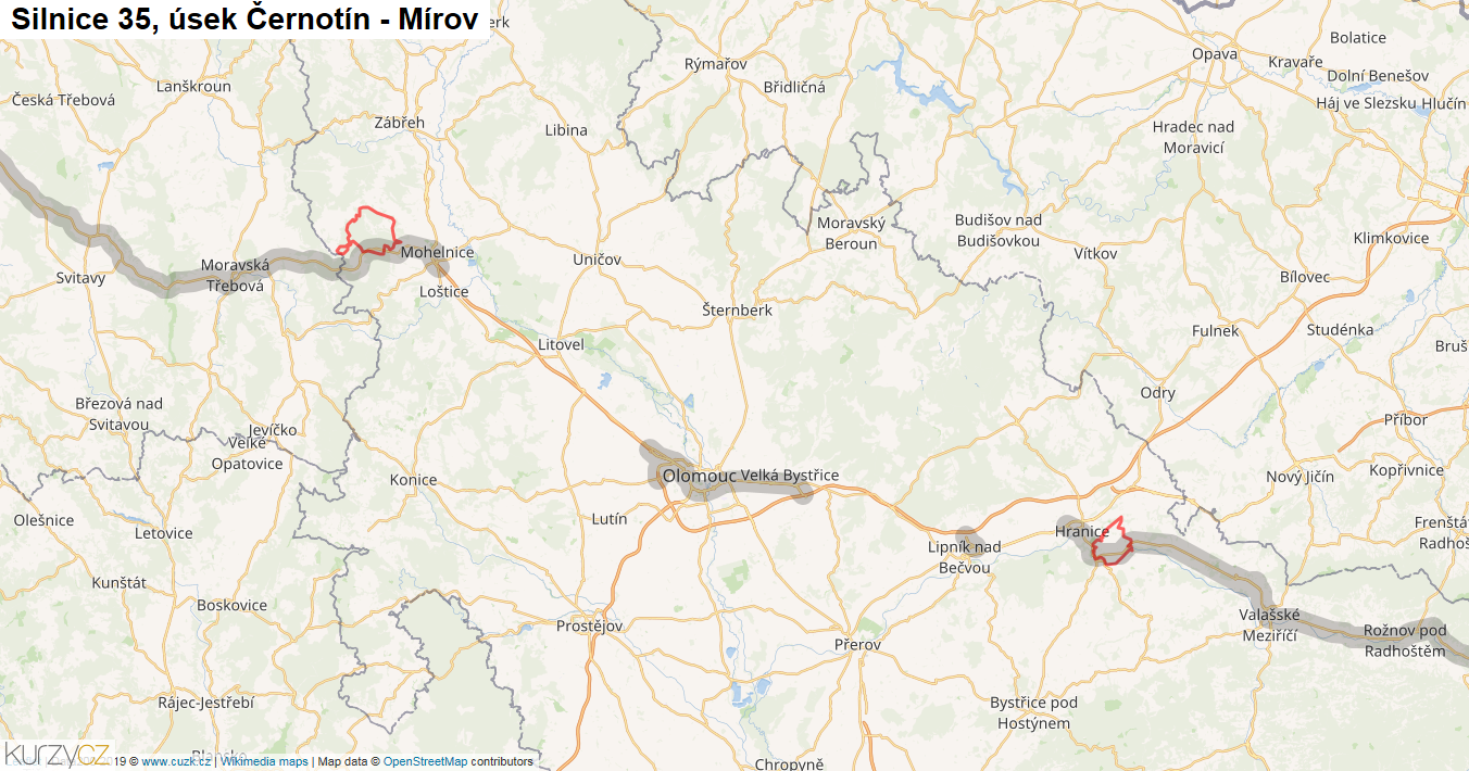 Úsek Černotín - Mírov, Silnice 35 - Mapa
